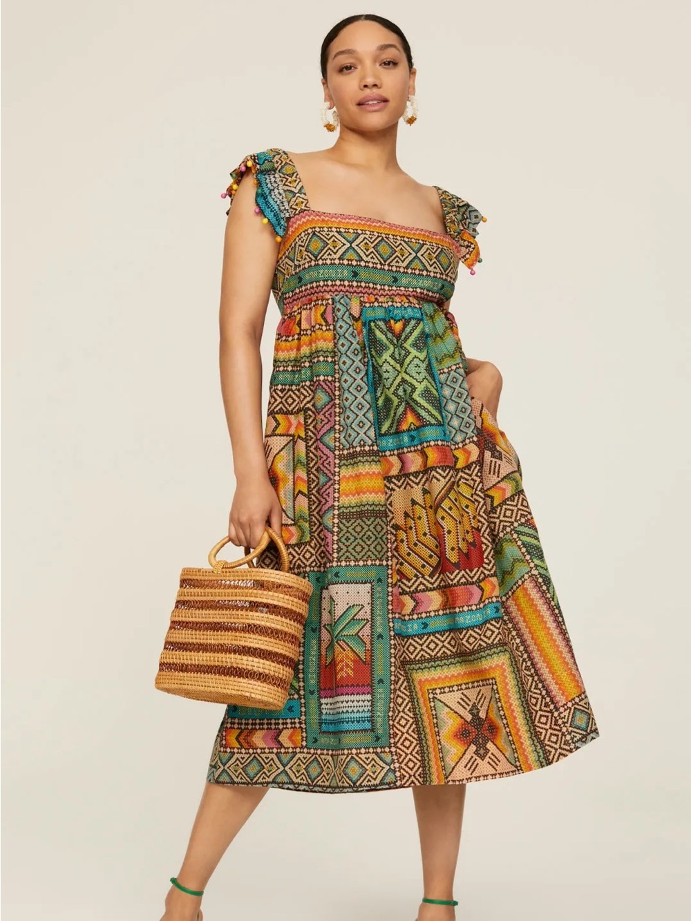 Farm Rio Banana Scarves Midi Dress XL Multicolor Beaded Straps Boho